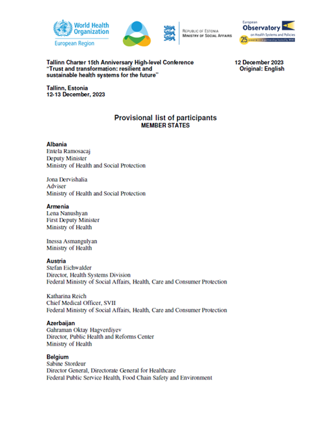 Tallinn Charter 15th Anniversary Health Systems Conference: Trust and transformation - Provisional list of participants