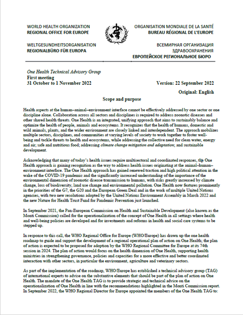 One Health Technical Advisory Group First meeting 31 Oct-1 Nov 2022 Scope and purpose