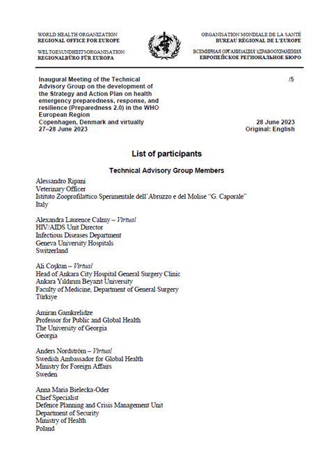 Technical Advisory Group on the development of the Strategy and Action Plan on health emergency preparedness, response, and resilience (Preparedness 2.0) in the WHO European Region - Inaugural Meeting - List of participants