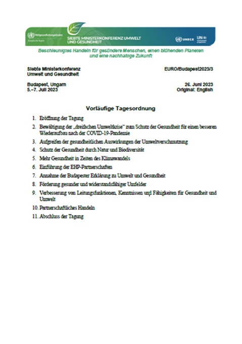 Siebte Ministerkonferenz Umwelt und Gesundheit - Vorläufige Tagesordnung