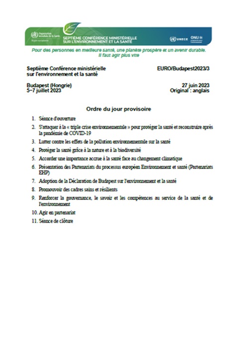 Septième Conférence ministérielle sur l'environnement et la santé - Ordre du jour provisoire