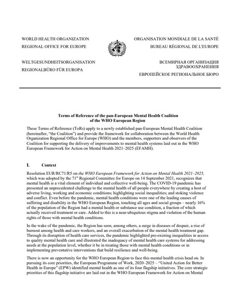 Terms of Reference of the pan-European Mental Health Coalition of the WHO European Region