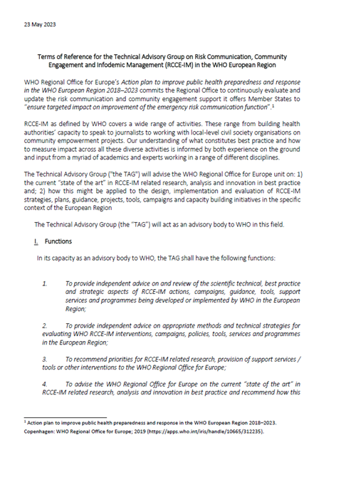 Terms of reference - Technical Advisory Group on Risk Communication, Community Engagement and Infodemic Management (RCCE-IM) in the WHO European Region