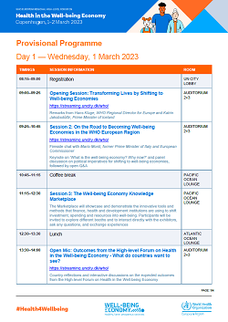 WHO European Regional High-level Forum on Health in the Well-being Economy (Copenhagen, Denmark, 1–2 March 2023) - Provisional Programme